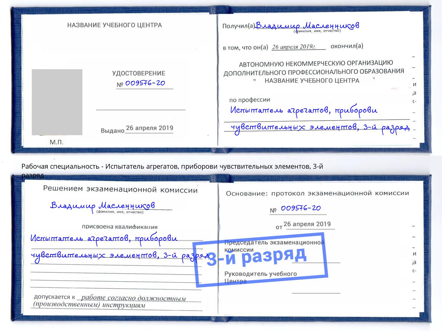 корочка 3-й разряд Испытатель агрегатов, приборови чувствительных элементов Владикавказ