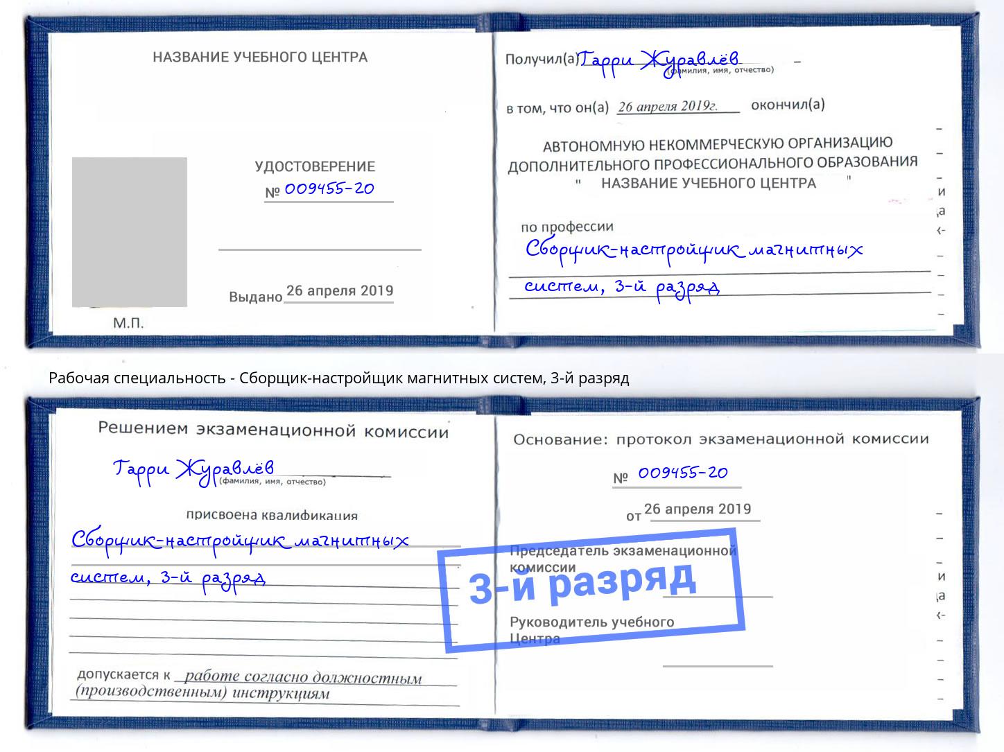 корочка 3-й разряд Сборщик-настройщик магнитных систем Владикавказ