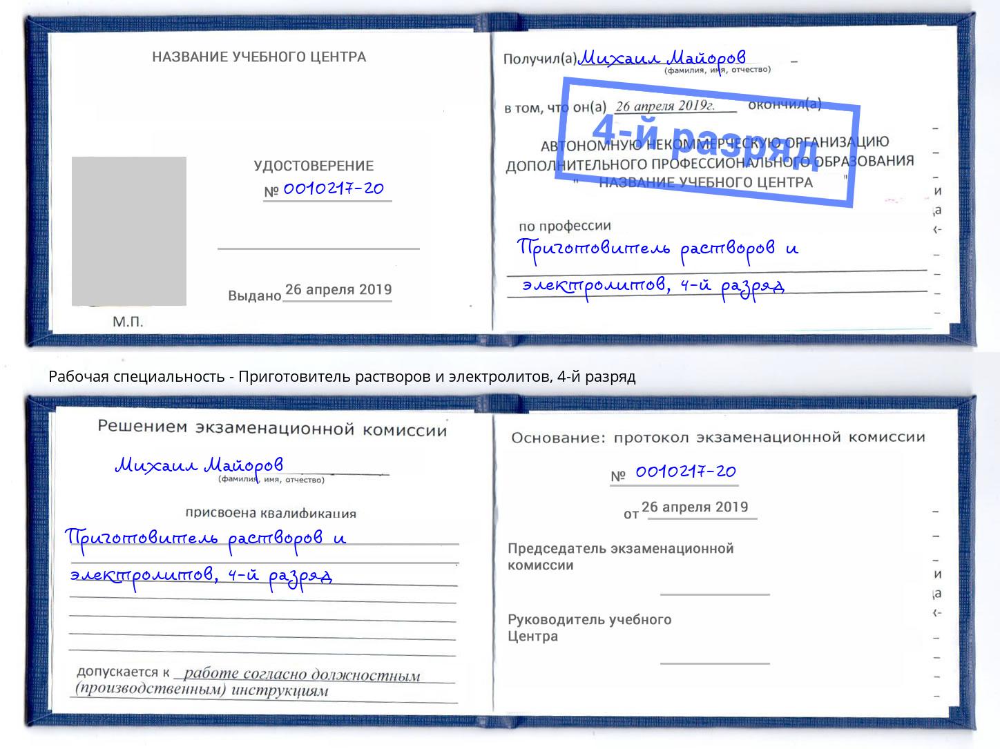корочка 4-й разряд Приготовитель растворов и электролитов Владикавказ