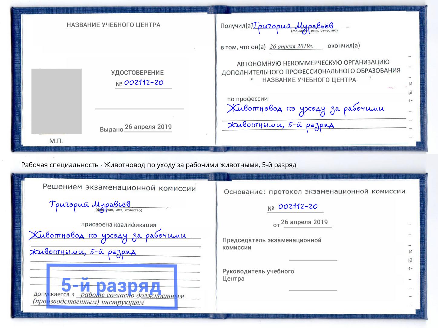 корочка 5-й разряд Животновод по уходу за рабочими животными Владикавказ