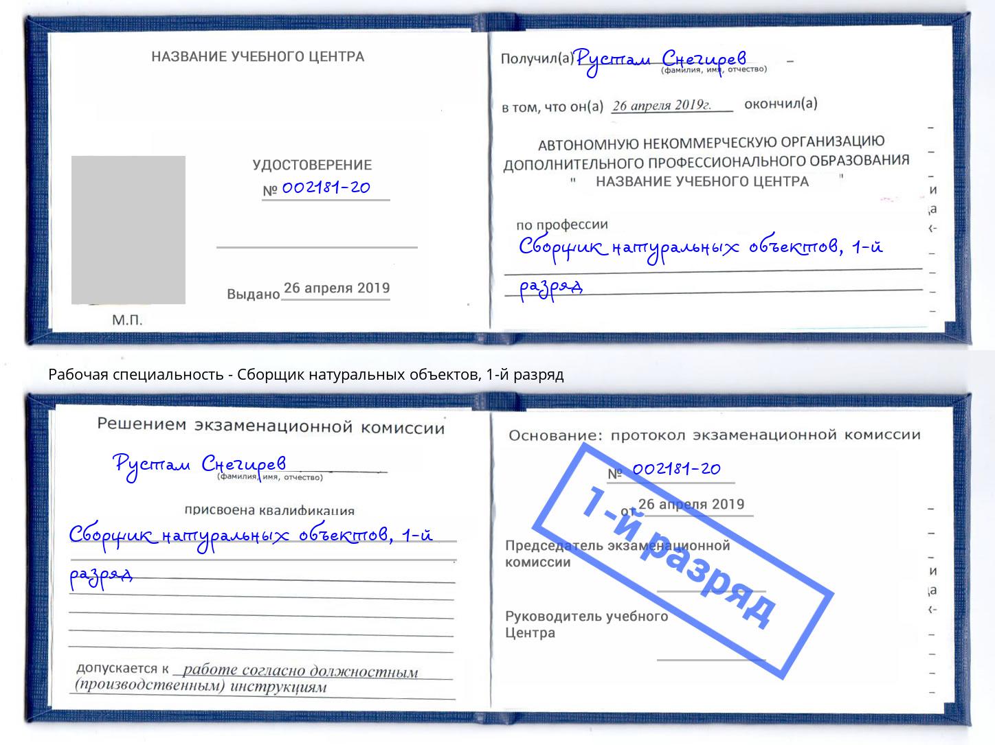 корочка 1-й разряд Сборщик натуральных объектов Владикавказ