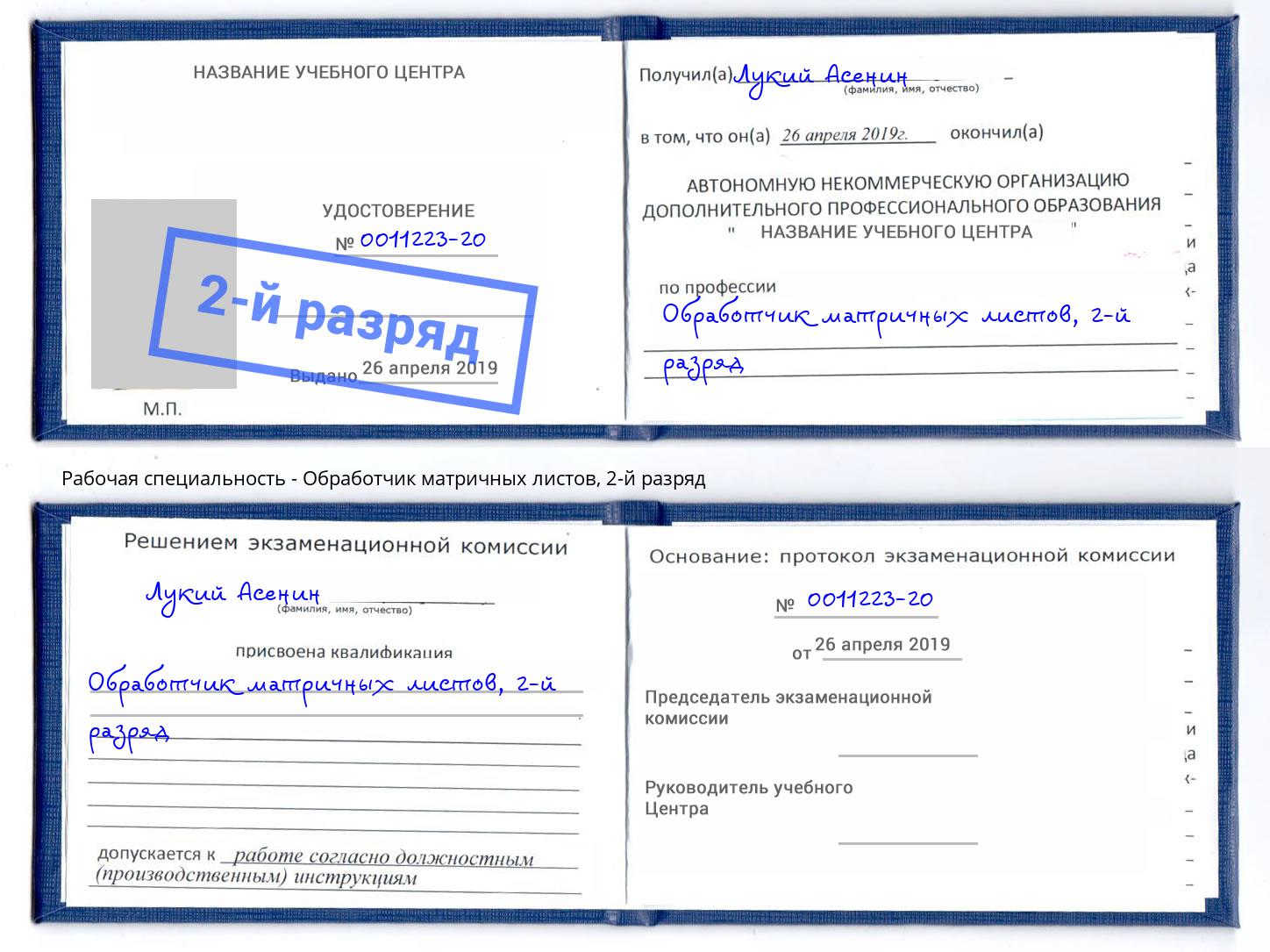 корочка 2-й разряд Обработчик матричных листов Владикавказ
