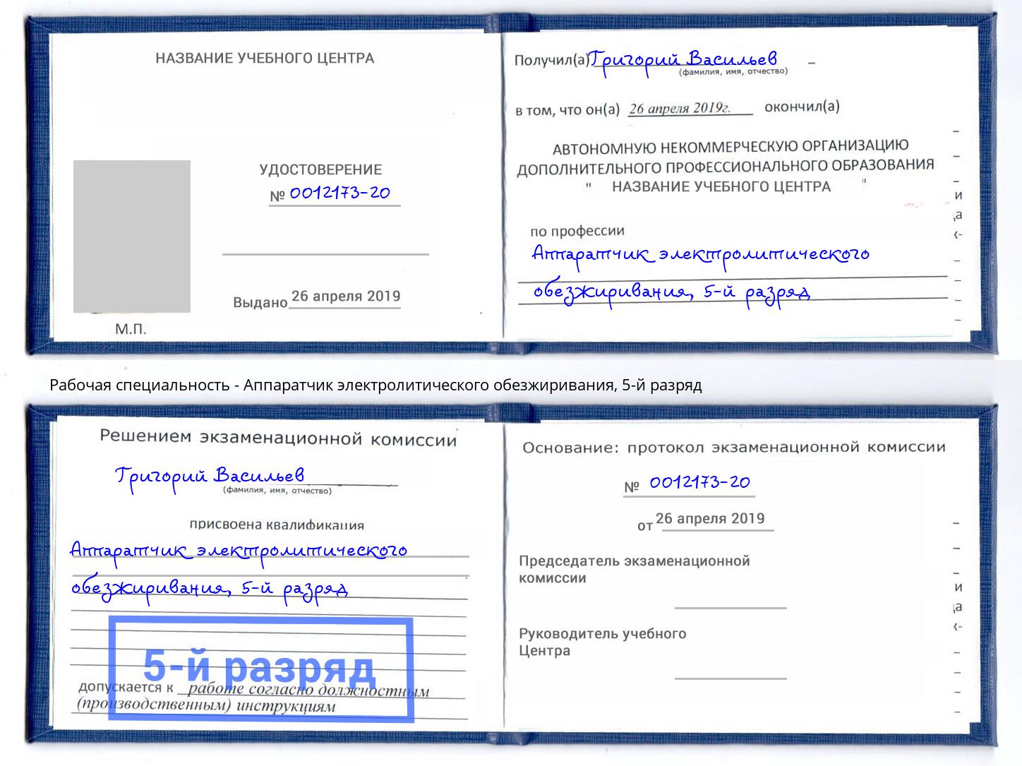 корочка 5-й разряд Аппаратчик электролитического обезжиривания Владикавказ